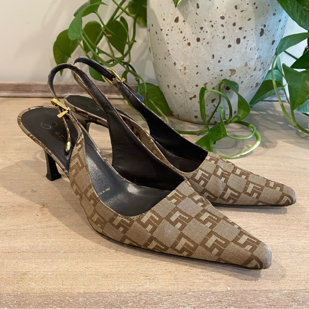 St. John monogrammed brown fabric canvas pointy toe heel slingback